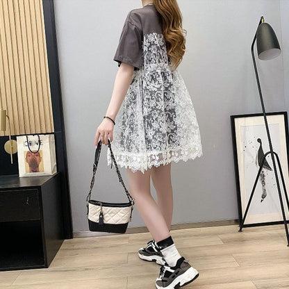 女子マスト レース 切り替え ゆったり 着せ ハイウエスト 半袖 ワンピース　ins-2019