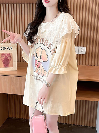 絶対流行 キュートプリント 切り替え ゆったり 5分袖 Tシャツins-8474