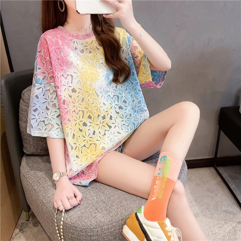 オシャレ度満点 スタイリッシュ ラウンドネック 透かし彫り Tシャツ カットソーins-2957