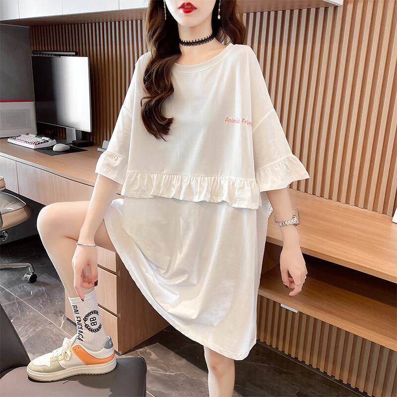 【半額！期間限定！！】合わせやすい フリル 切り替え プリント Tシャツ ゆったりワンピースins-3008