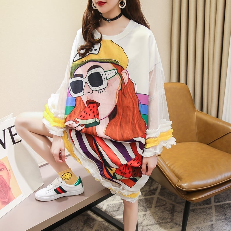 【ランキング上位】プリント お洒落 可愛い 着心地良い ロングTシャツワンピース　　ins-887