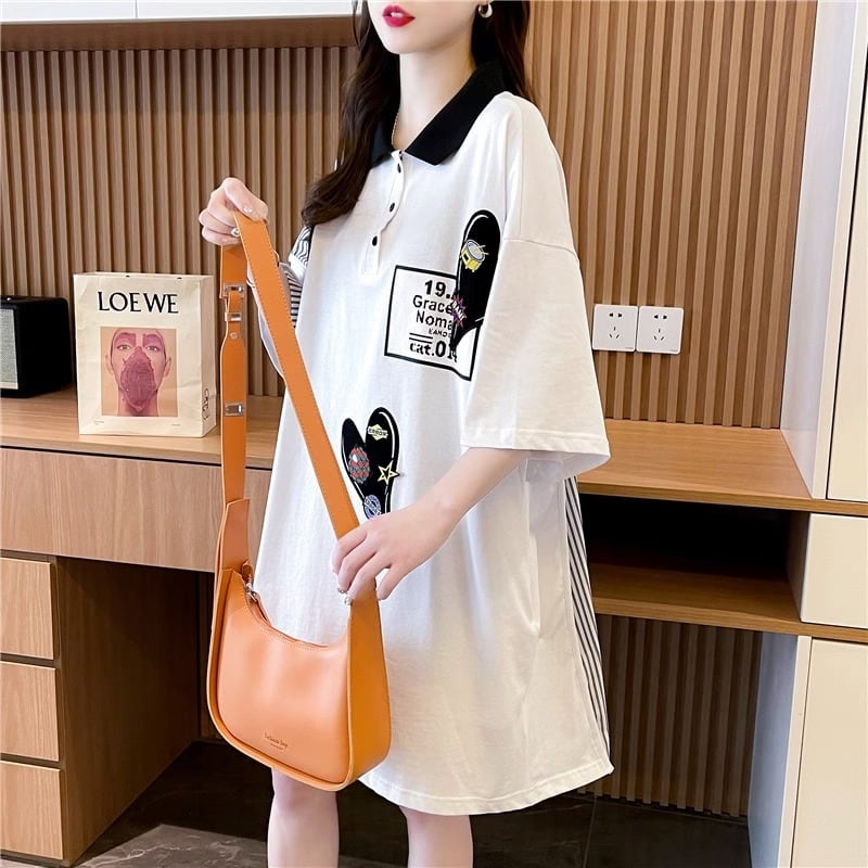 POLOネック ストライプ柄 切り替え ロング Tシャツ ゆったりワンピース ins-3031