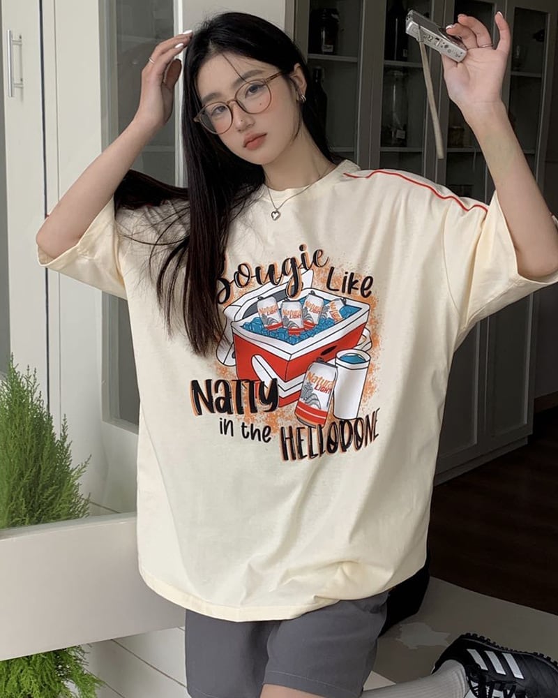 着せ ビッグロゴ ゆったり ロングTシャツ 半袖 ワンピースins-4859