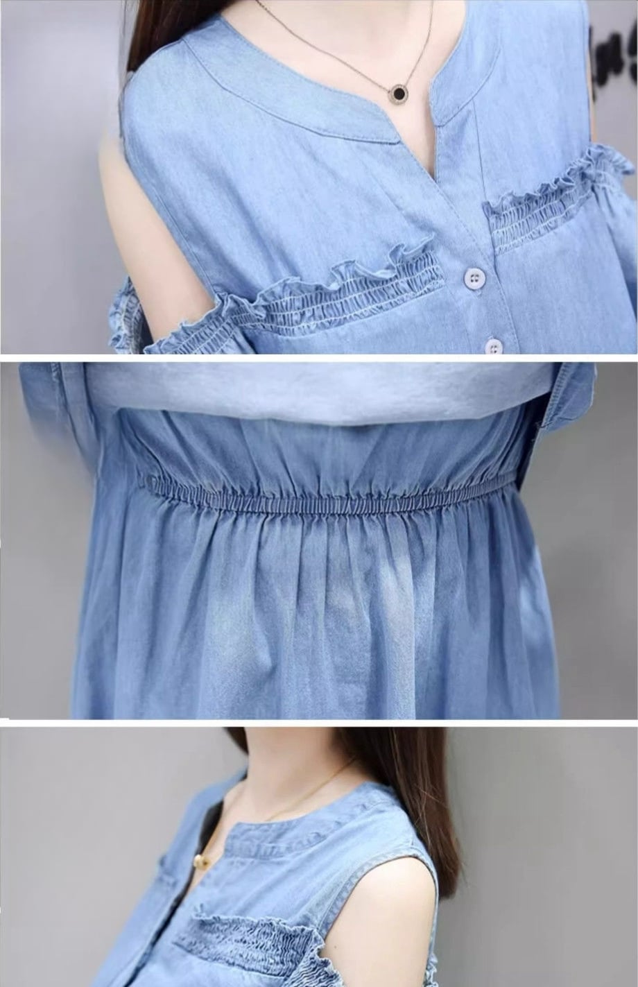 超人気 ファッション レイヤード風  切り替え デニム 半袖ワンピースins-8352