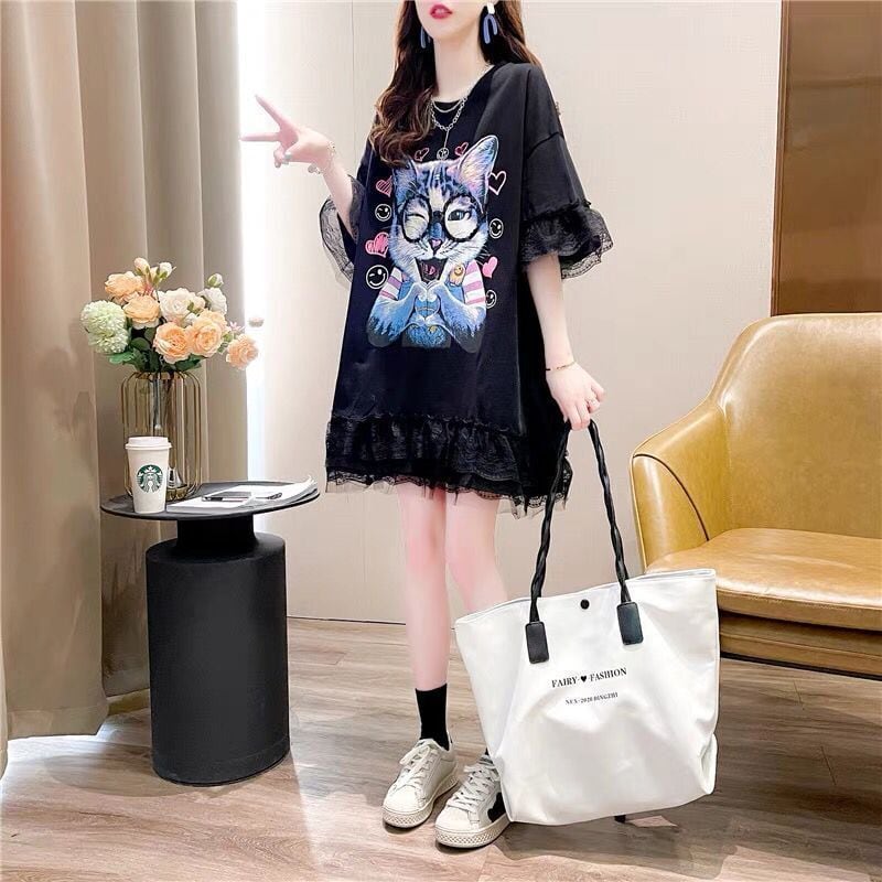 話題沸騰中 キュート ゆったり ロング丈 切り替え 2色半袖Tシャツins-8133