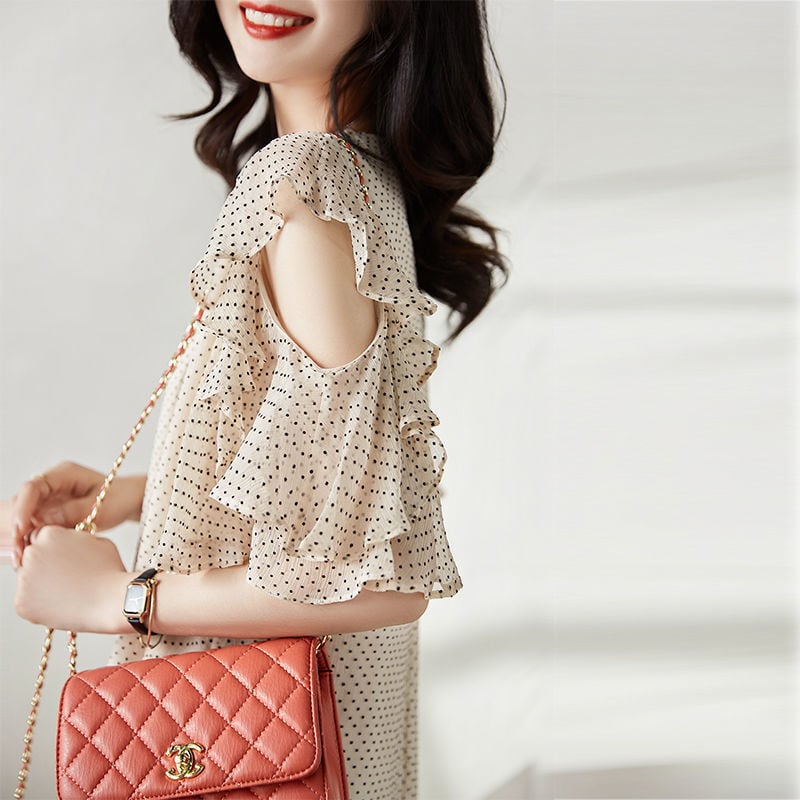 大好評 エレガント シフォン ドット柄 半袖ワンピースins-8419