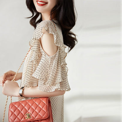 大好評 エレガント シフォン ドット柄 半袖ワンピースins-8419