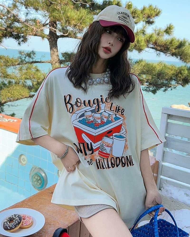 着せ ビッグロゴ ゆったり ロングTシャツ 半袖 ワンピースins-4859