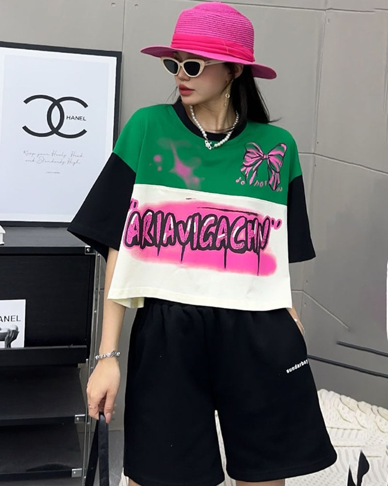 着回し力抜群 韓国系 切り替え三色 ゆったり半袖Tシャツ ins-8455