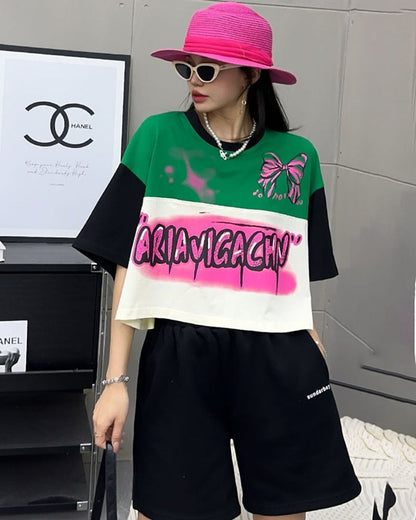 着回し力抜群 韓国系 切り替え三色 ゆったり半袖Tシャツ ins-8455