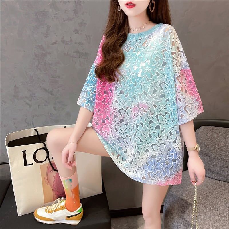 オシャレ度満点 スタイリッシュ ラウンドネック 透かし彫り Tシャツ カットソーins-2957