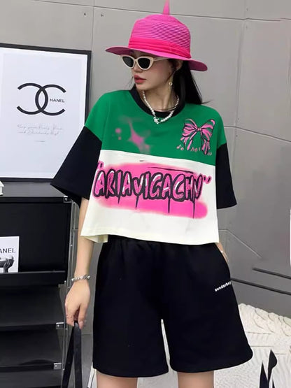 着回し力抜群 韓国系 切り替え三色 ゆったり半袖Tシャツ ins-8455