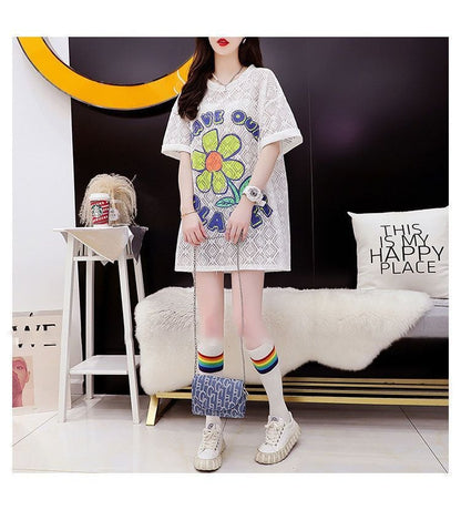 【半額！期間限定！！】新商品 一目惚れ 切り替え 透かし彫り プリント Tシャツ カットソーins-8523