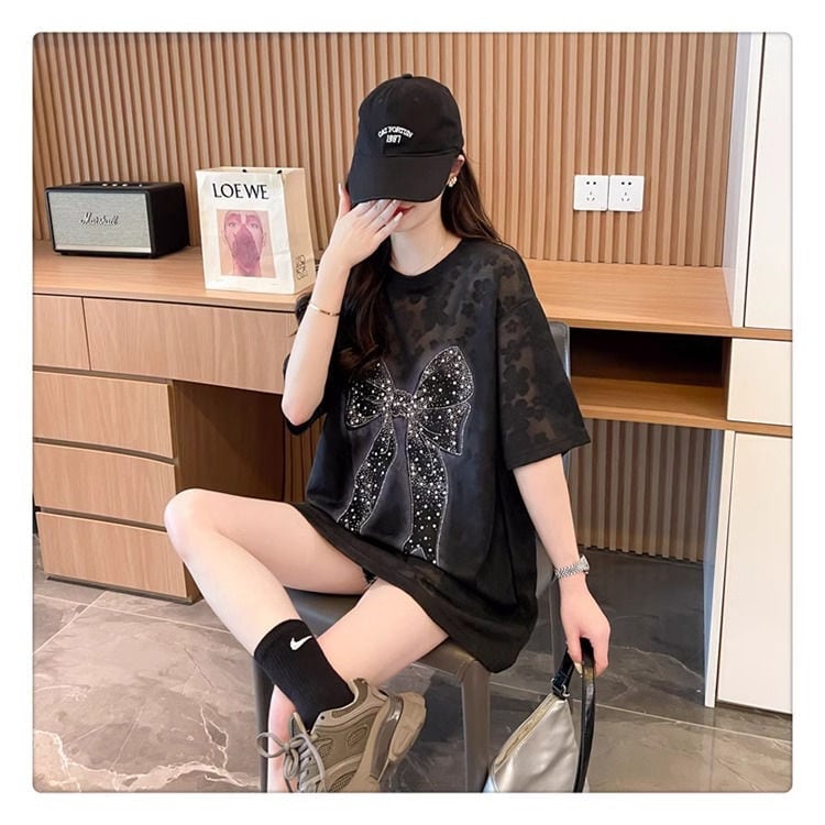 大人可愛い カジュアル リボン デザイン ゆったり 半袖 Tシャツins-8659