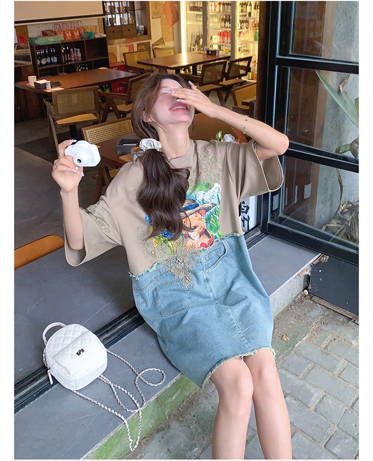 超人気 ファッション カジュアル デニム 切り替え プリント ワンピースins-8615
