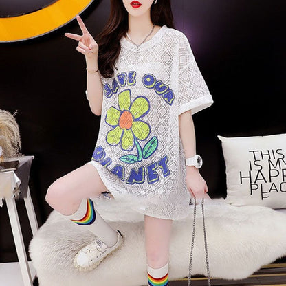 【半額！期間限定！！】新商品 一目惚れ 切り替え 透かし彫り プリント Tシャツ カットソーins-8523